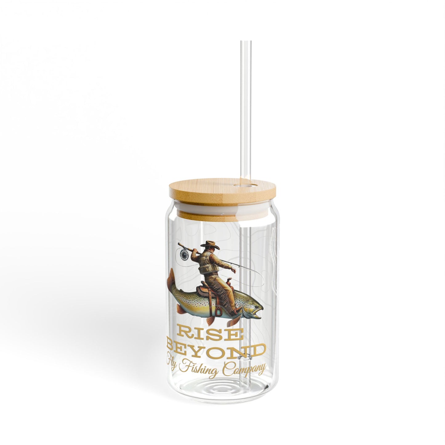 Rise Beyond Cowboy Trout Glass Cup with Bamboo Lid & Straw – Reusable Tumbler for Coffee, Tea & Cold Drinks