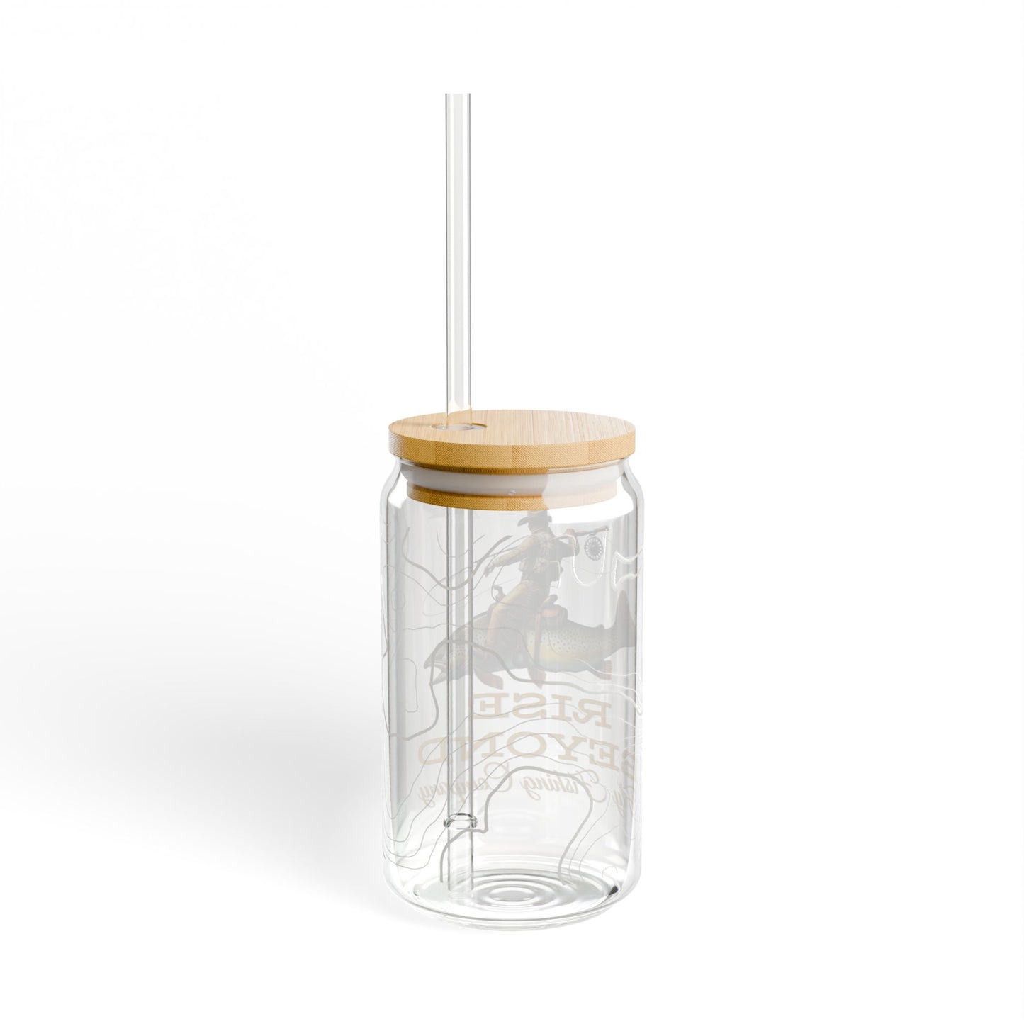Rise Beyond Cowboy Trout Glass Cup with Bamboo Lid & Straw – Reusable Tumbler for Coffee, Tea & Cold Drinks