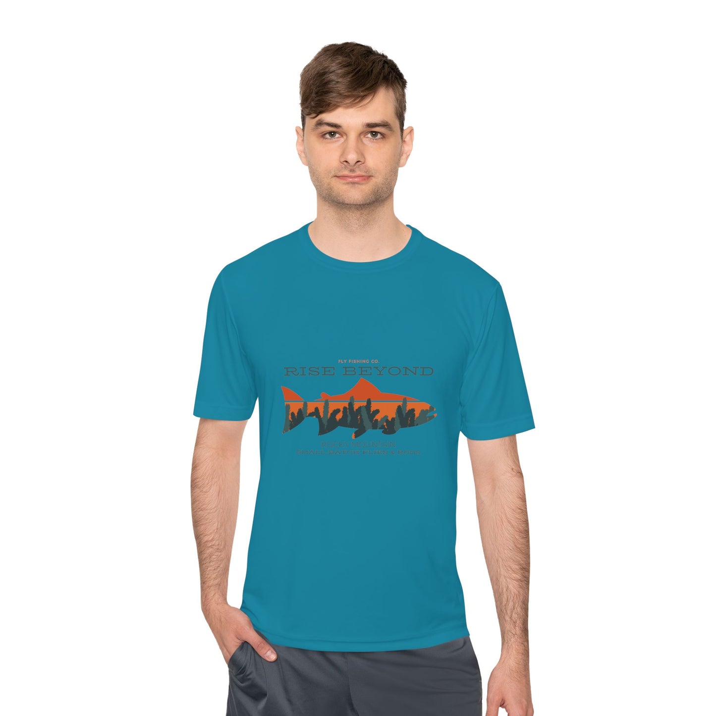 Rise Beyond Rocky Mountain Skyline Trout Tee - Adventure-Ready Unisex Moisture Wicking Tee