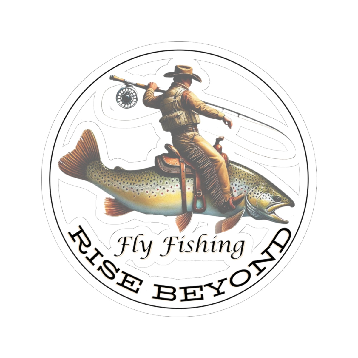 Cowboy Riding Trout Circle Fly Fishing Stickers