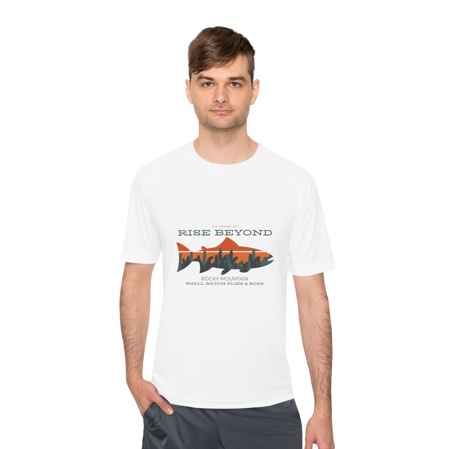 Rise Beyond Rocky Mountain Skyline Trout Tee - Adventure-Ready Unisex Moisture Wicking Tee
