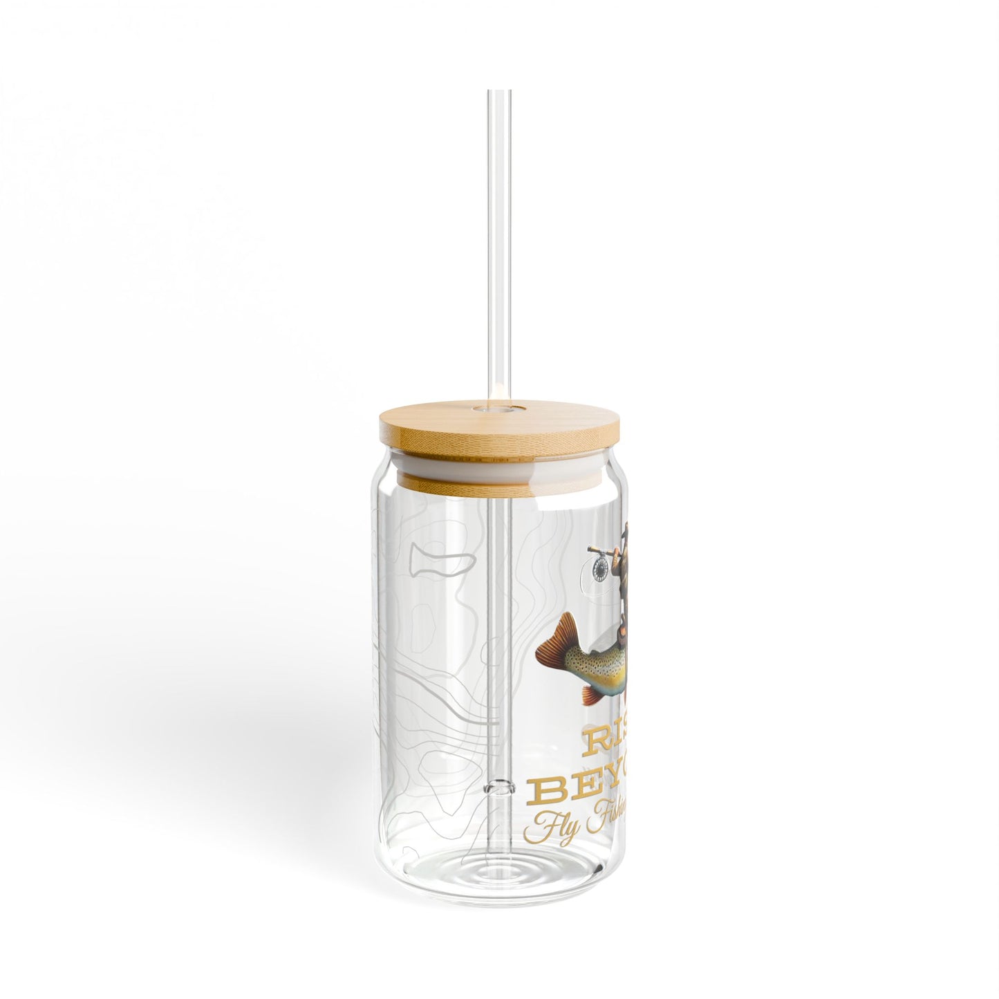 Rise Beyond Cowboy Trout Glass Cup with Bamboo Lid & Straw – Reusable Tumbler for Coffee, Tea & Cold Drinks