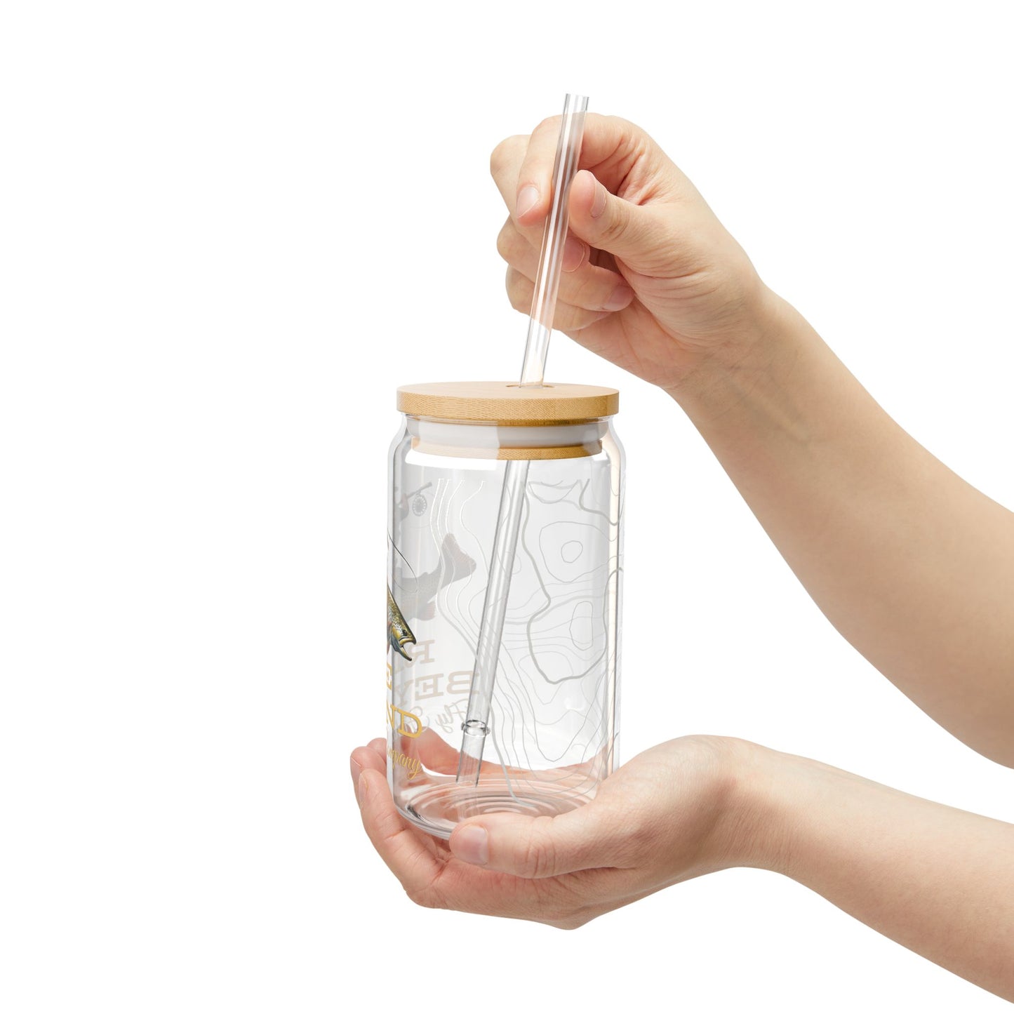 Rise Beyond Cowboy Trout Glass Cup with Bamboo Lid & Straw – Reusable Tumbler for Coffee, Tea & Cold Drinks