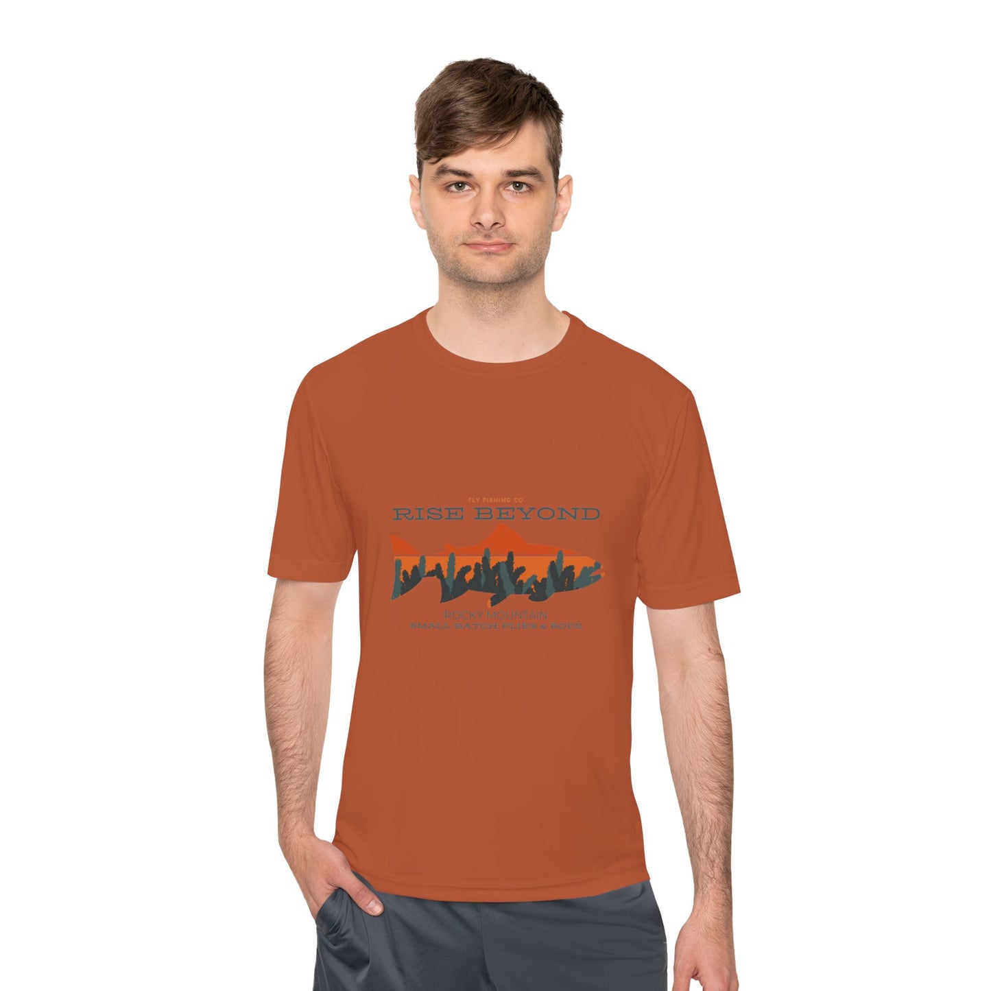 Rise Beyond Rocky Mountain Skyline Trout Tee - Adventure-Ready Unisex Moisture Wicking Tee