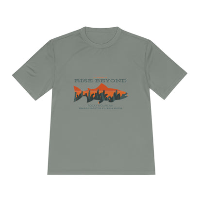 Rise Beyond Rocky Mountain Skyline Trout Tee - Adventure-Ready Unisex Moisture Wicking Tee