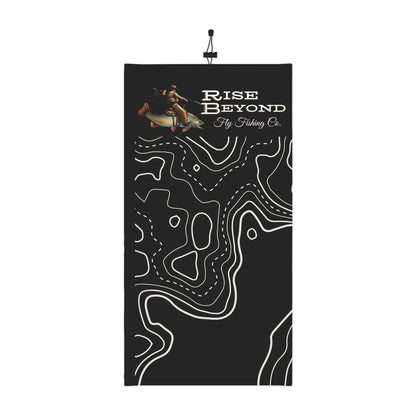 Rise Beyond Fly Fishing Winter Neck Gaiter — Topographic Black Cold-Weather Face Mask with Drawstring