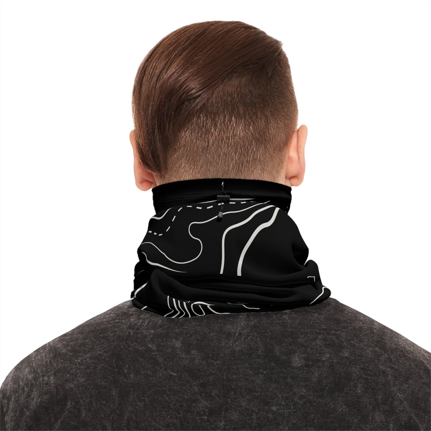 Rise Beyond Fly Fishing Winter Neck Gaiter — Topographic Black Cold-Weather Face Mask with Drawstring
