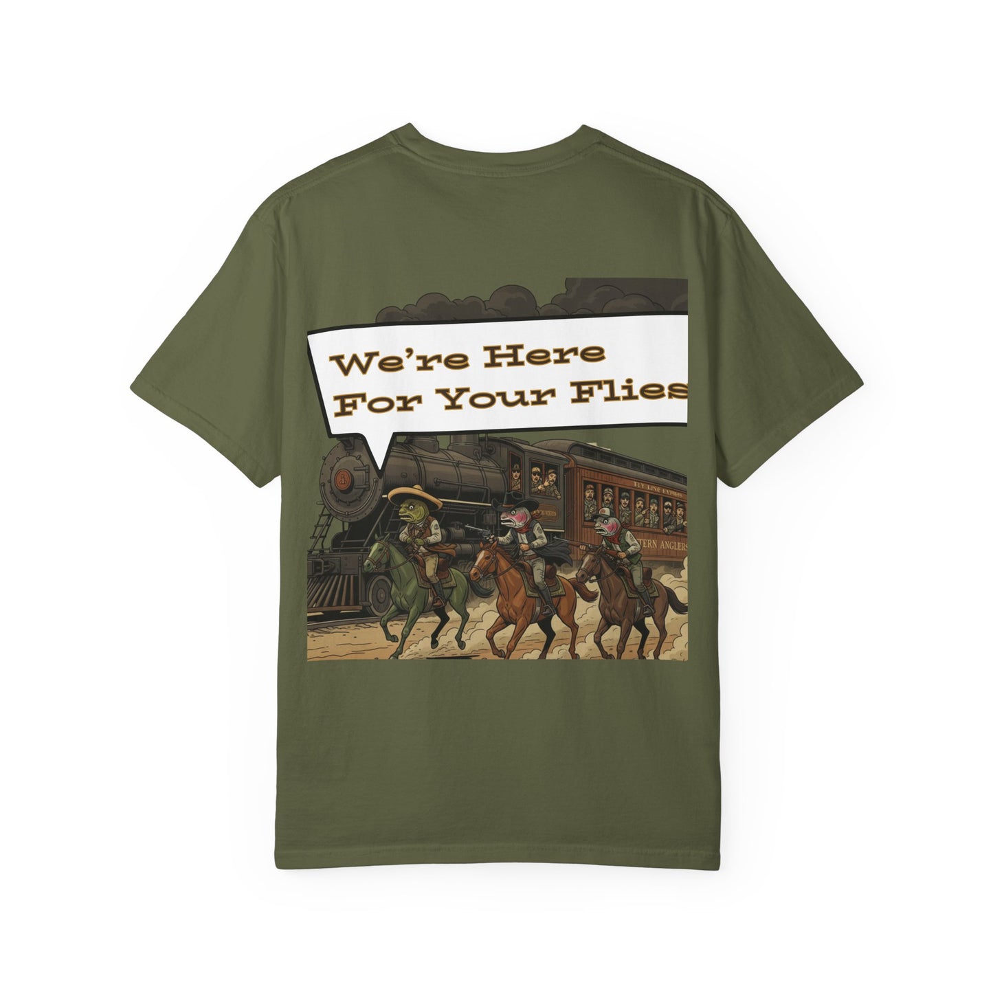 We’re Here for Your Flies – Trout Train Heist Fly Fishing Tee Vintage Cowboy Graphic T-Shirt Outdoor Adventure Tee