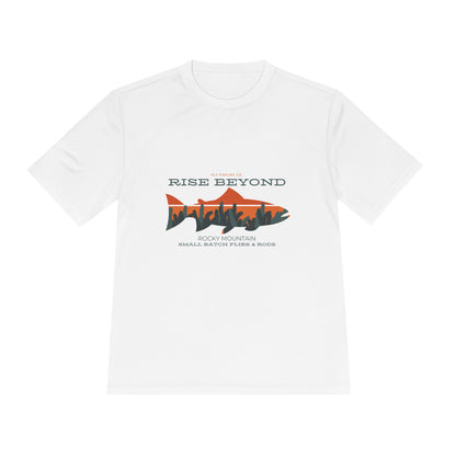 Rise Beyond Rocky Mountain Skyline Trout Tee - Adventure-Ready Unisex Moisture Wicking Tee