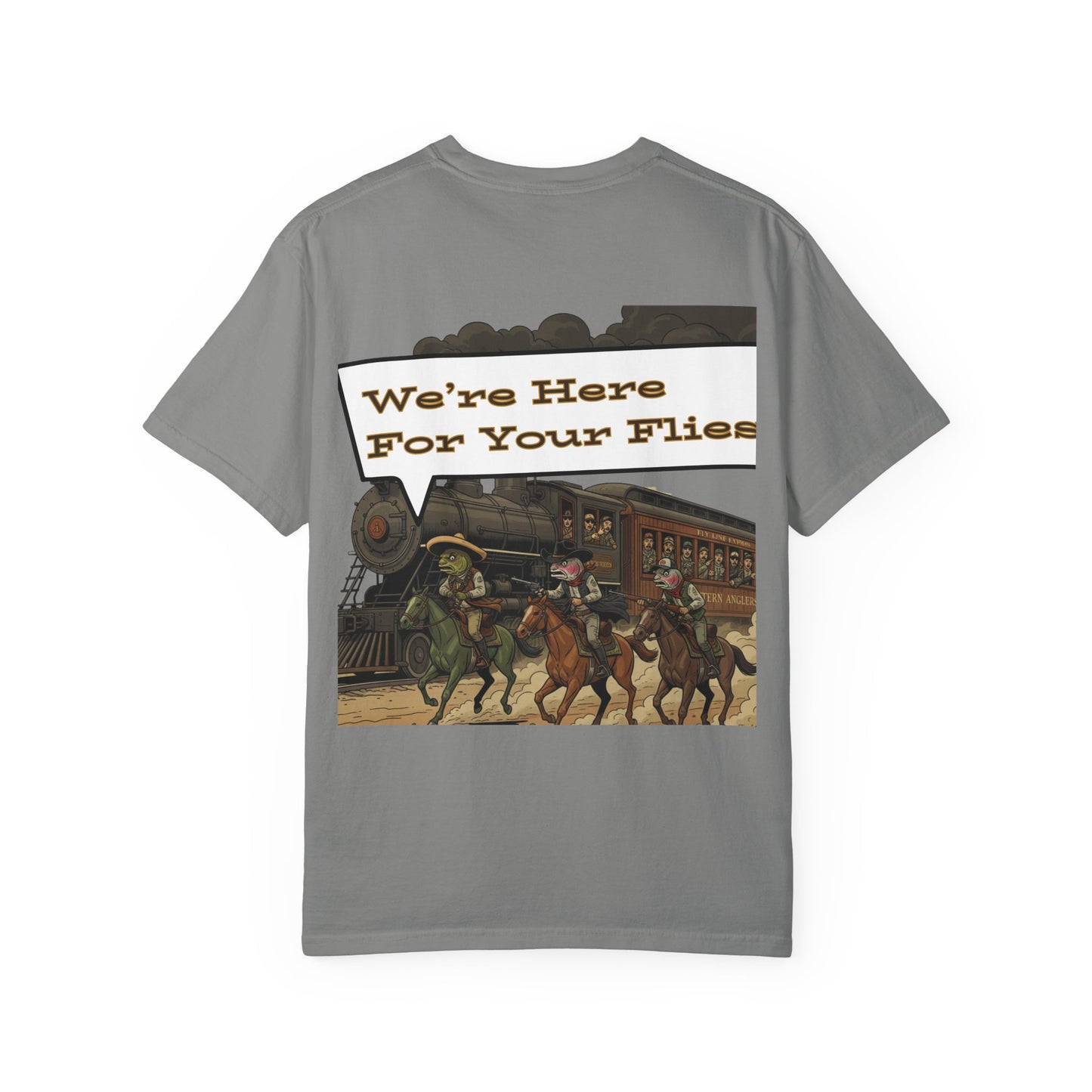 We’re Here for Your Flies – Trout Train Heist Fly Fishing Tee Vintage Cowboy Graphic T-Shirt Outdoor Adventure Tee