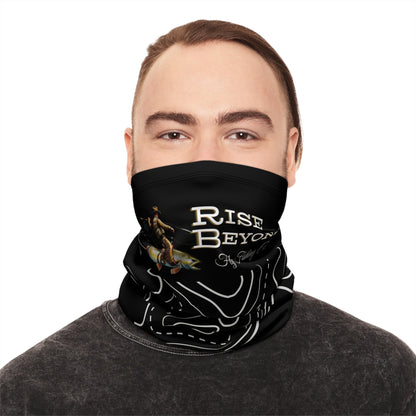 Rise Beyond Fly Fishing Winter Neck Gaiter — Topographic Black Cold-Weather Face Mask with Drawstring