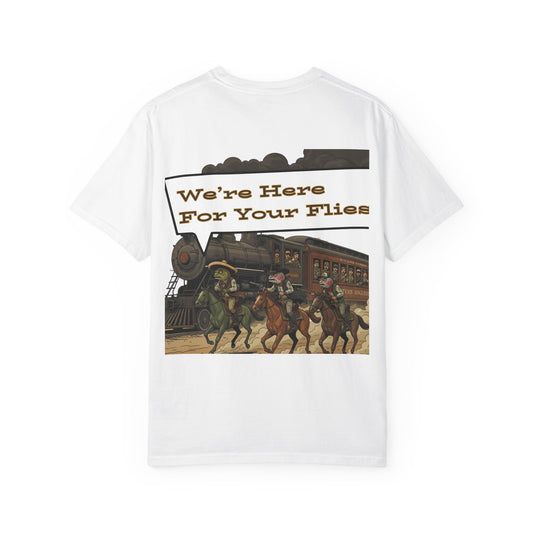 We’re Here for Your Flies – Trout Train Heist Fly Fishing Tee Vintage Cowboy Graphic T-Shirt Outdoor Adventure Tee
