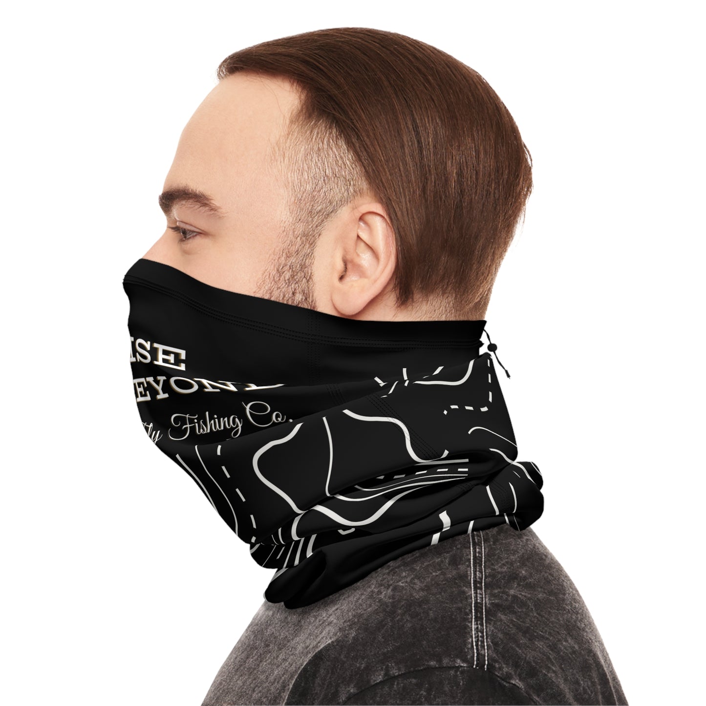 Rise Beyond Fly Fishing Winter Neck Gaiter — Topographic Black Cold-Weather Face Mask with Drawstring