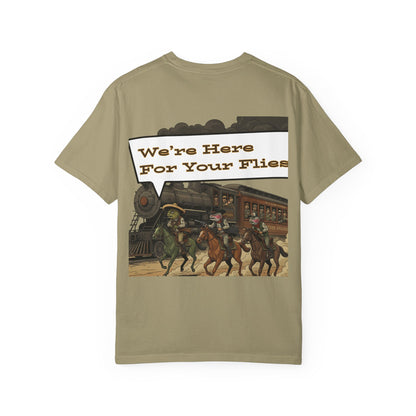 We’re Here for Your Flies – Trout Train Heist Fly Fishing Tee Vintage Cowboy Graphic T-Shirt Outdoor Adventure Tee