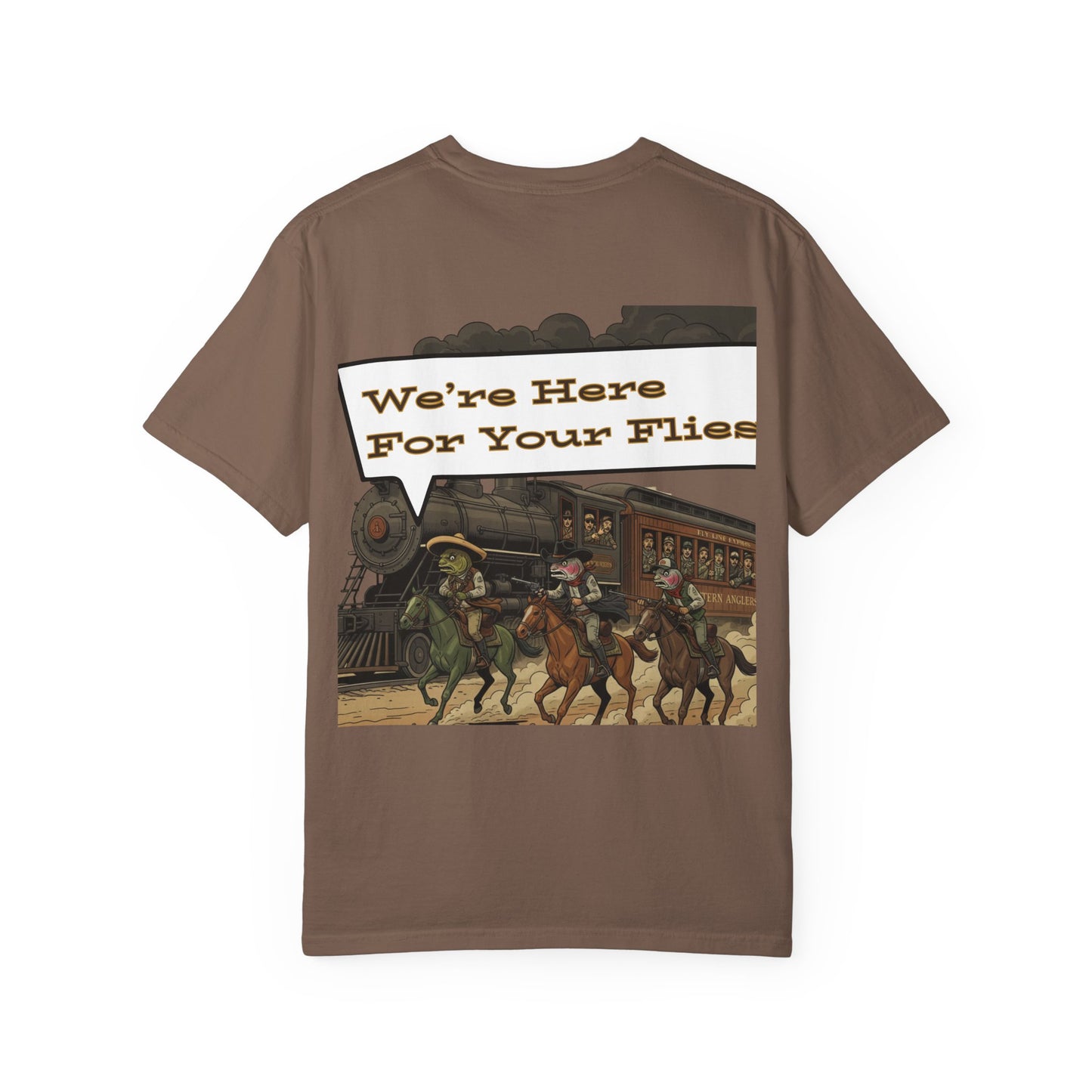 We’re Here for Your Flies – Trout Train Heist Fly Fishing Tee Vintage Cowboy Graphic T-Shirt Outdoor Adventure Tee