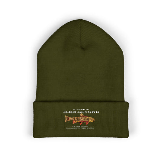 Embroidered Trout Cuffed Beanie — "Fish Beyond" Outdoor Fishing Knit Hat