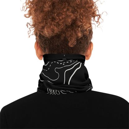 Rise Beyond Fly Fishing Winter Neck Gaiter — Topographic Black Cold-Weather Face Mask with Drawstring