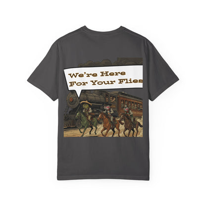 We’re Here for Your Flies – Trout Train Heist Fly Fishing Tee Vintage Cowboy Graphic T-Shirt Outdoor Adventure Tee