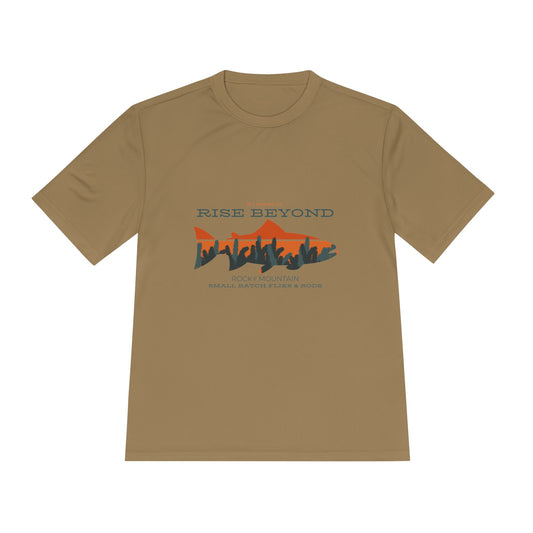 Rise Beyond Rocky Mountain Skyline Trout Tee - Adventure-Ready Unisex Moisture Wicking Tee