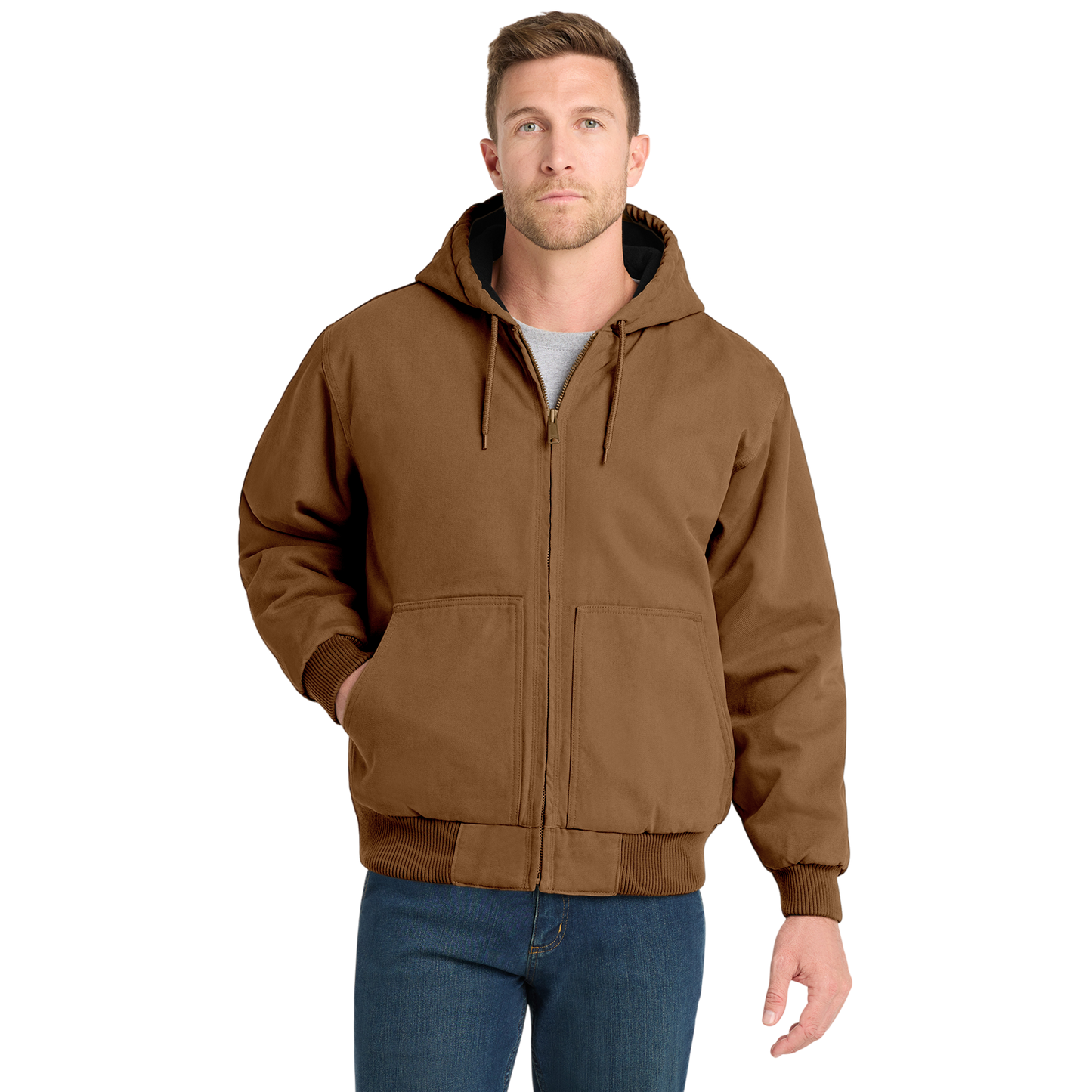 Embroidered Men's Duck Cloth Hooded Work Jacket – Durable Workwear with Logo Chest Stitching