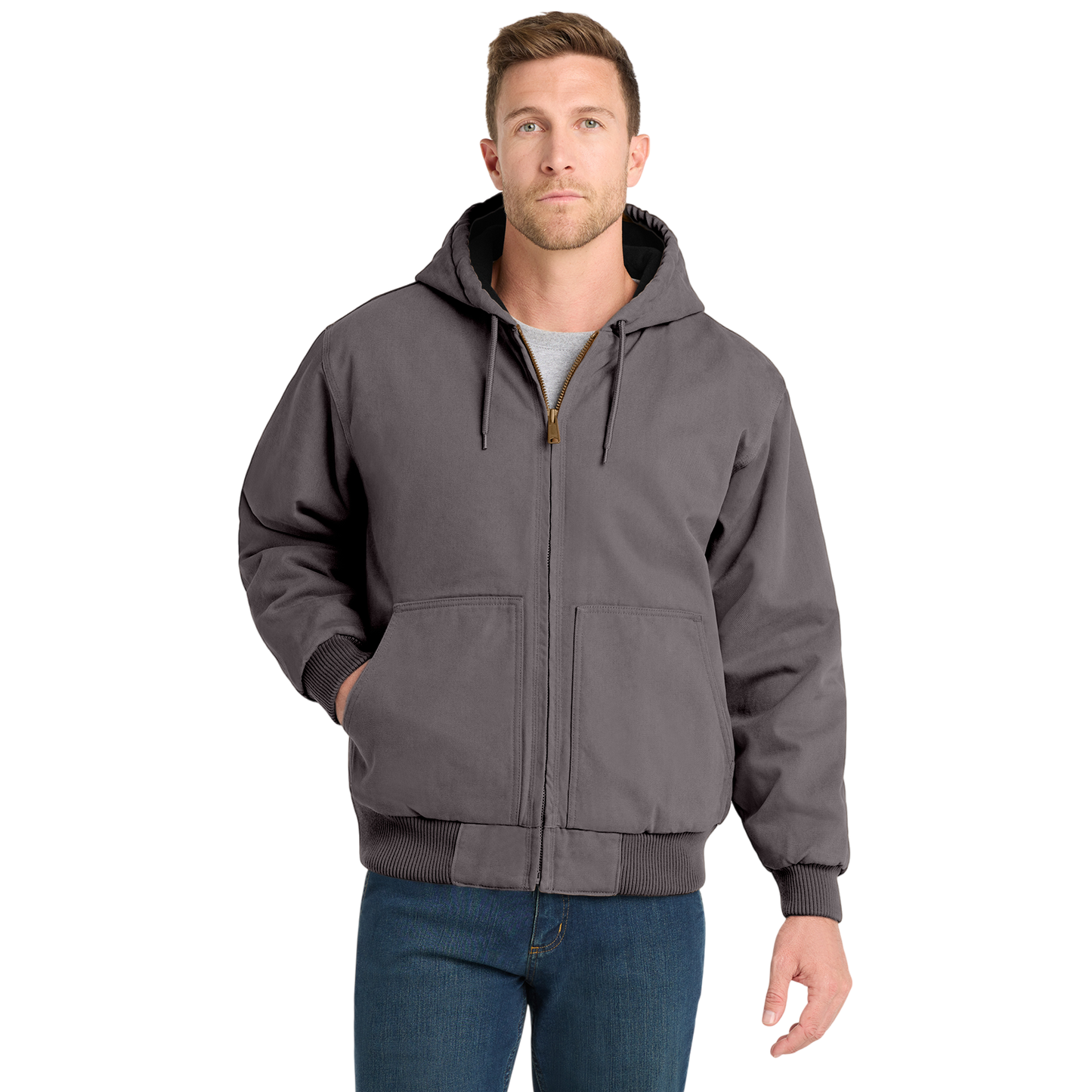 Embroidered Men's Duck Cloth Hooded Work Jacket – Durable Workwear with Logo Chest Stitching