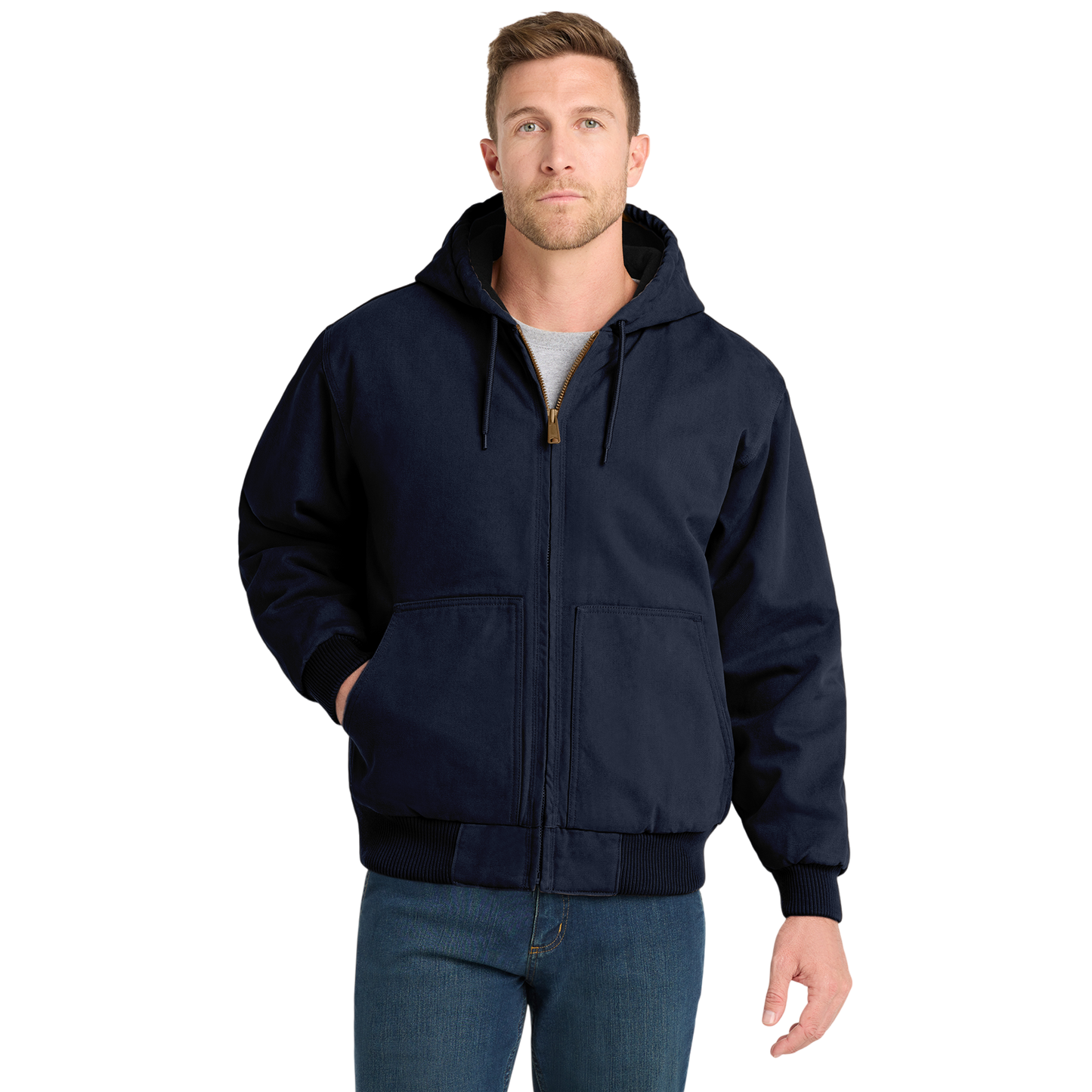 Embroidered Men's Duck Cloth Hooded Work Jacket – Durable Workwear with Logo Chest Stitching