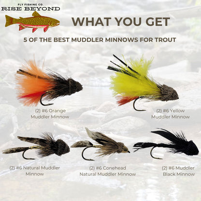Muddler Minnow Fly Pack –  Classic Streamers for Trout – Hand-Tied & Durable – Natural, Olive, Black, Brown